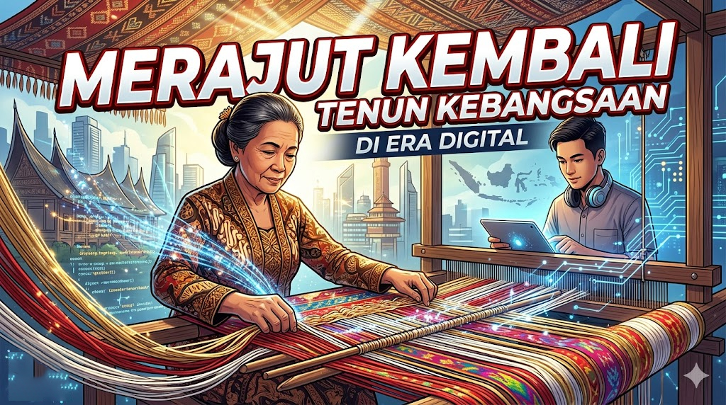 Ilustrasi seorang wanita paruh baya sedang menenun kain tradisional berdampingan dengan seorang pemuda yang menggunakan tablet digital, melambangkan perpaduan nilai kebangsaan dan modernitas